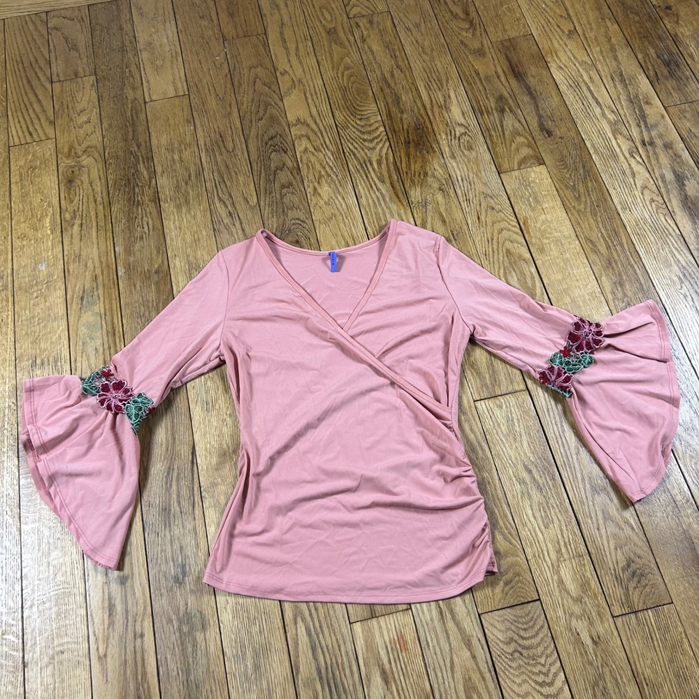 Bluebell Pink Wrap Style Bell Sleeve Blouse With Floral Embroidery